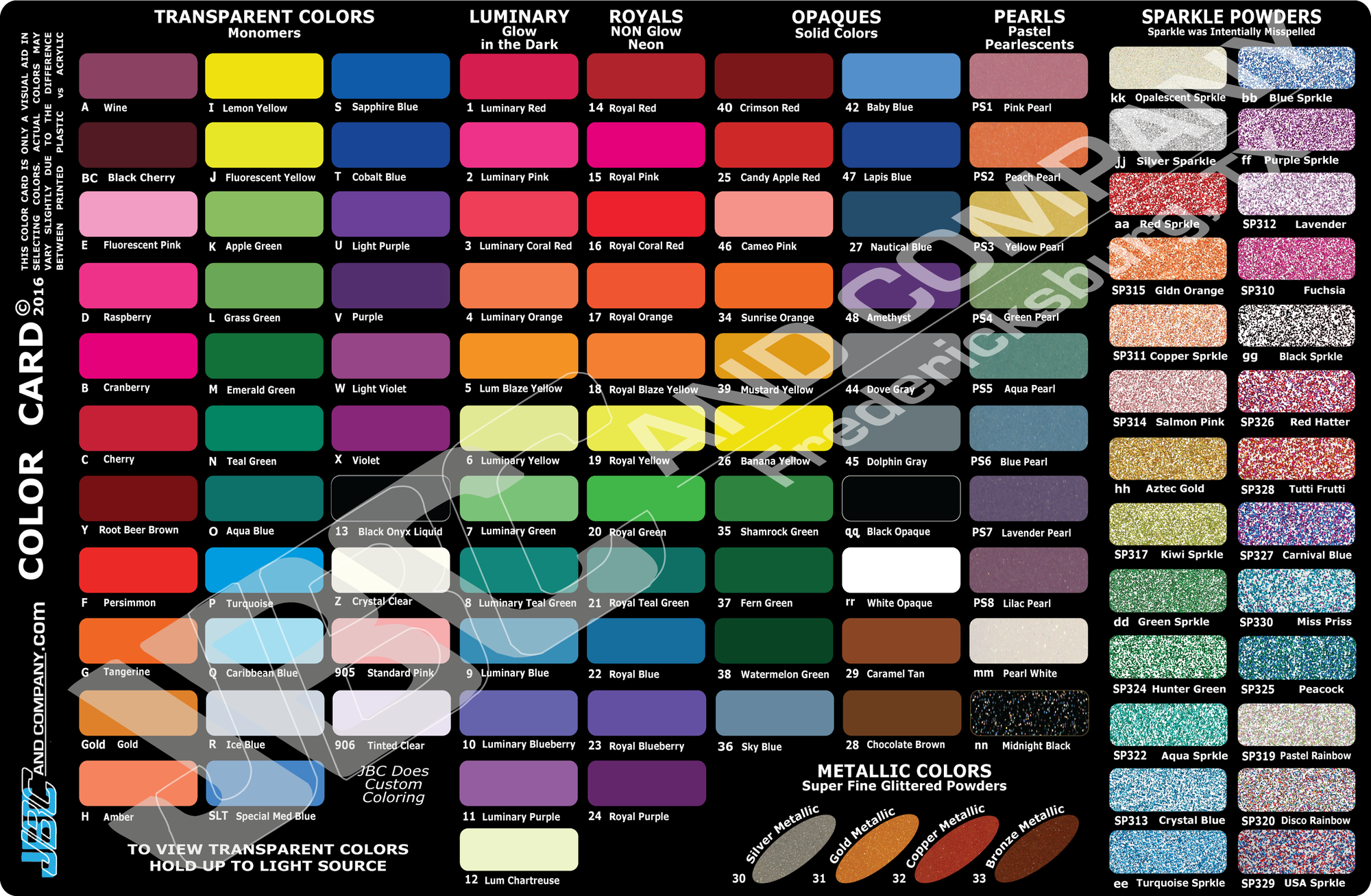 JBC and Company retainer color card
